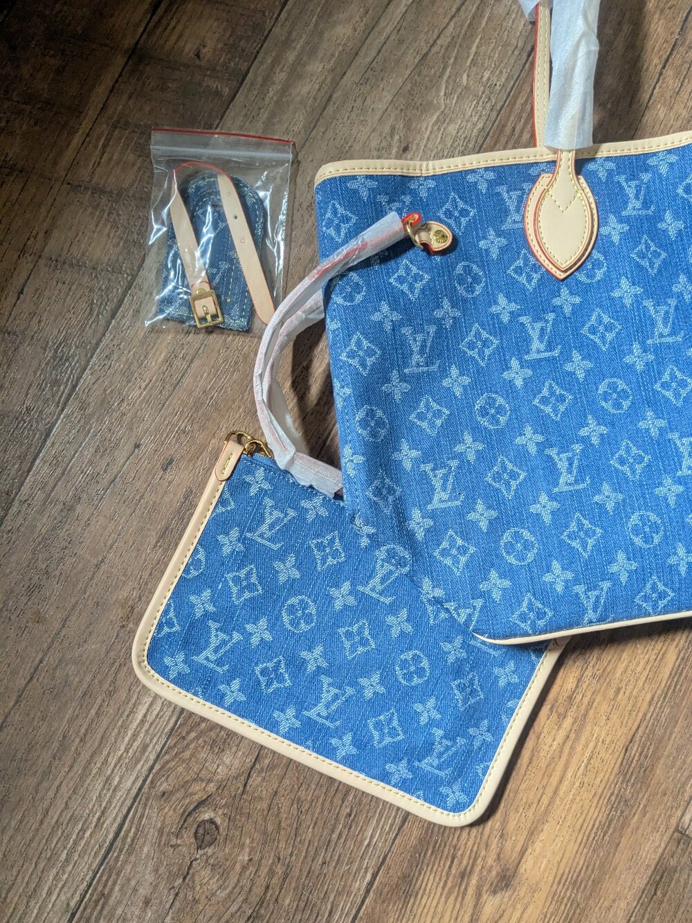 Blue Monogram Denim Jean Tote Bag Purse with Matching Wristlet Pouch 3 Piece Set - Picture 4 of 16